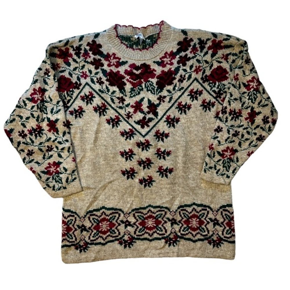 Vintage 80s Ship N Shore Sport Floral Pullover Sweater Ruffle Scallop Sz Medium